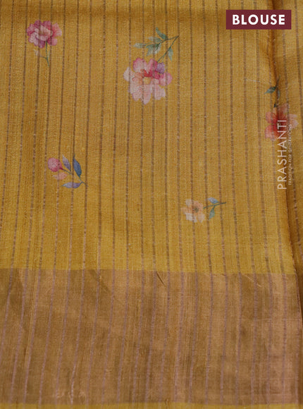 Pure tussar silk saree mustard yellow with floral digital prints and zari woven border