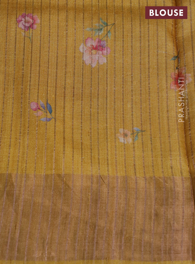 Pure tussar silk saree mustard yellow with floral digital prints and zari woven border
