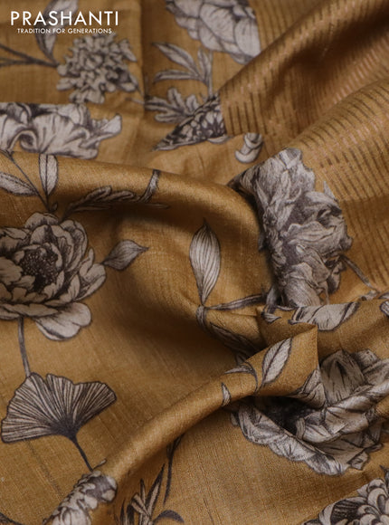 Pure tussar silk saree mustard shade with floral digital prints and zari woven border