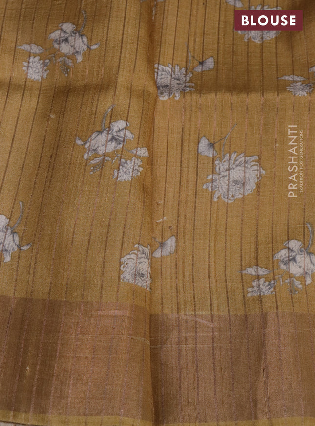Pure tussar silk saree mustard shade with floral digital prints and zari woven border