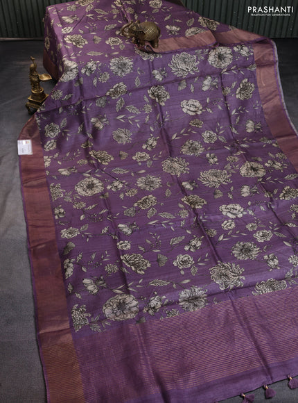 Pure tussar silk saree purple shade with floral digital prints and zari woven border