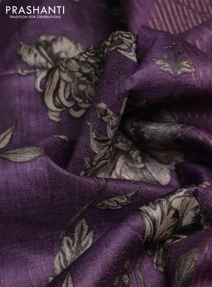 Pure tussar silk saree purple shade with floral digital prints and zari woven border