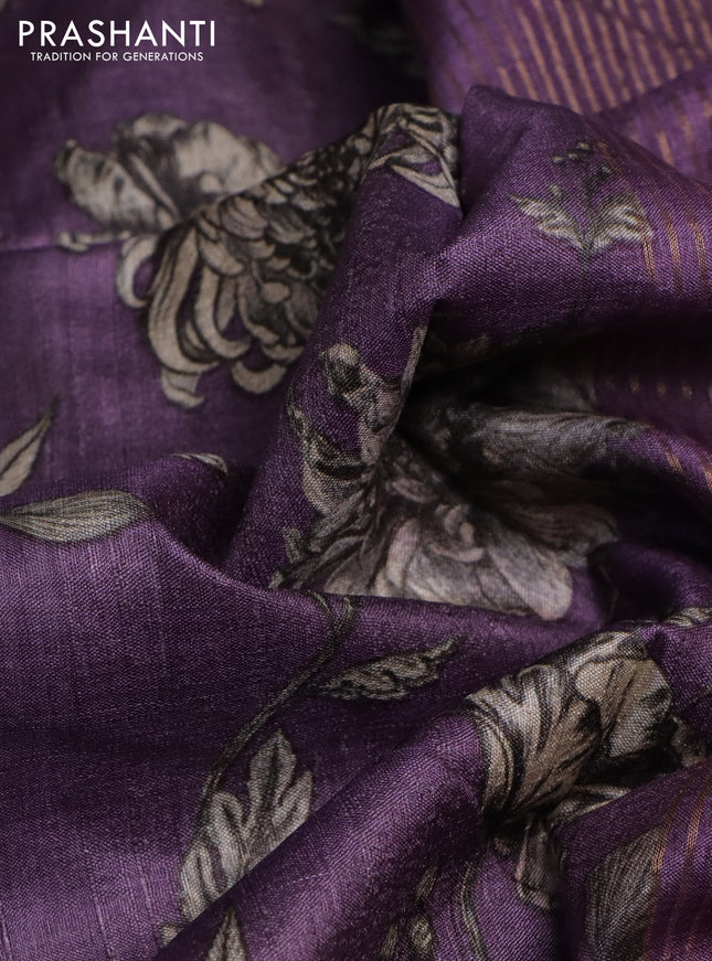 Pure tussar silk saree purple shade with floral digital prints and zari woven border