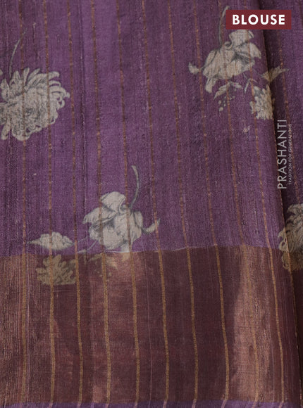 Pure tussar silk saree purple shade with floral digital prints and zari woven border
