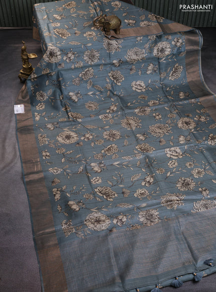 Pure tussar silk saree grey with floral digital prints and zari woven border