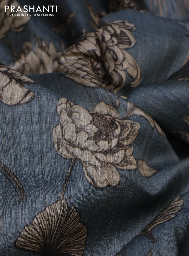 Pure tussar silk saree grey with floral digital prints and zari woven border
