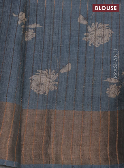 Pure tussar silk saree grey with floral digital prints and zari woven border