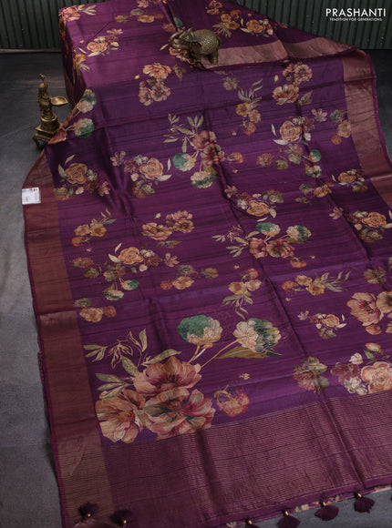 Pure tussar silk saree deep purple with floral digital prints and zari woven border