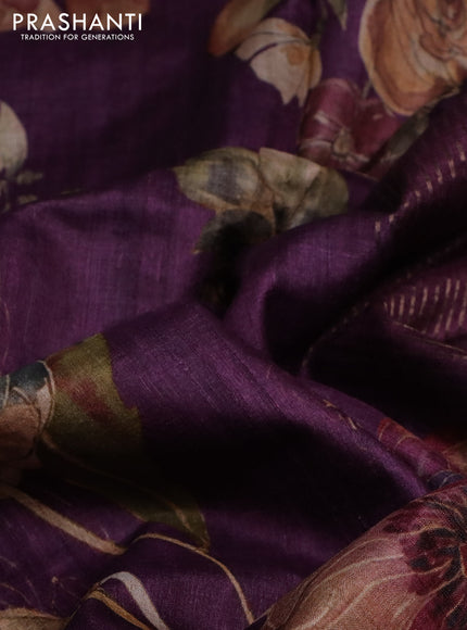 Pure tussar silk saree deep purple with floral digital prints and zari woven border