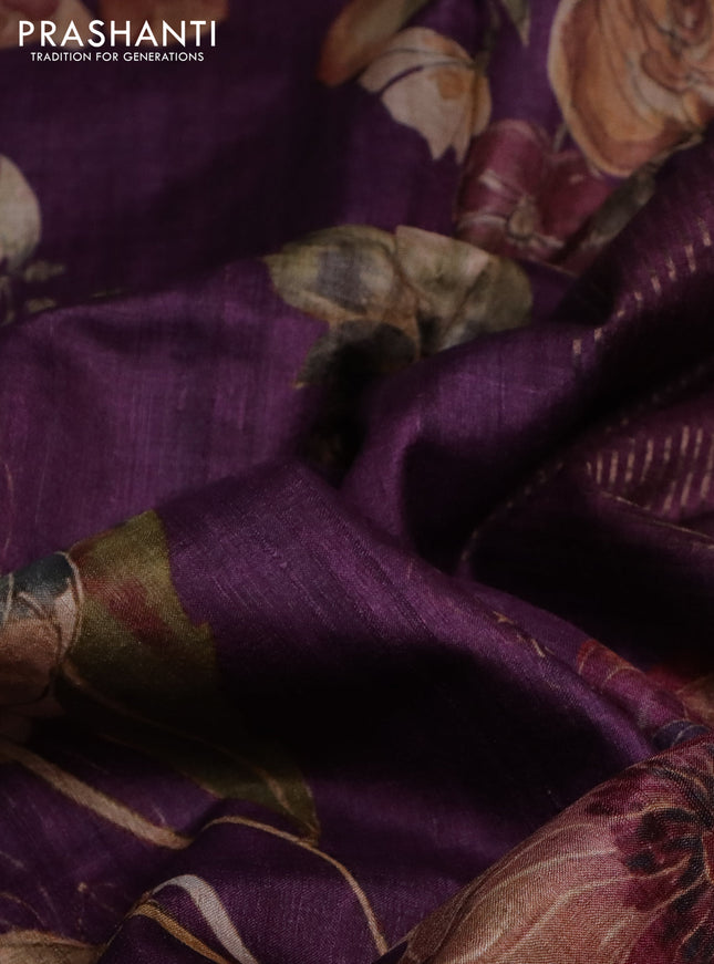 Pure tussar silk saree deep purple with floral digital prints and zari woven border
