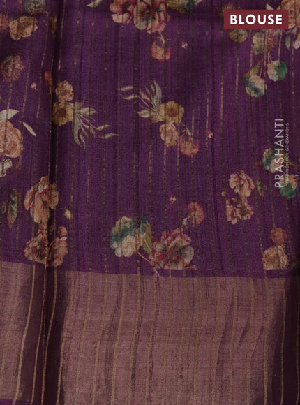 Pure tussar silk saree deep purple with floral digital prints and zari woven border
