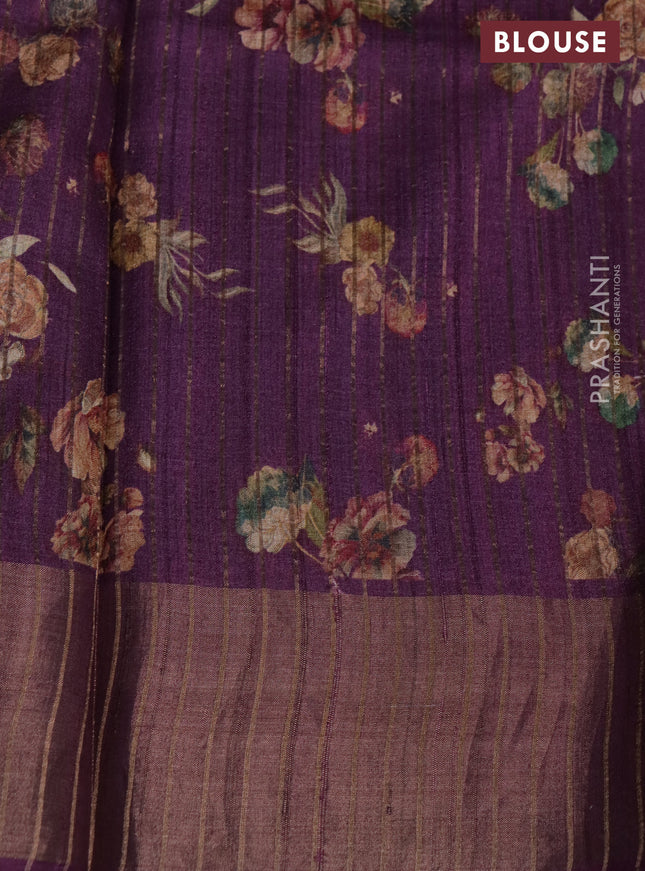 Pure tussar silk saree deep purple with floral digital prints and zari woven border