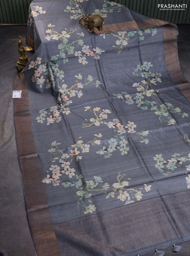 Pure tussar silk saree grey with floral digital prints and zari woven border