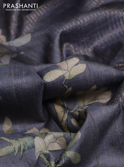 Pure tussar silk saree grey with floral digital prints and zari woven border