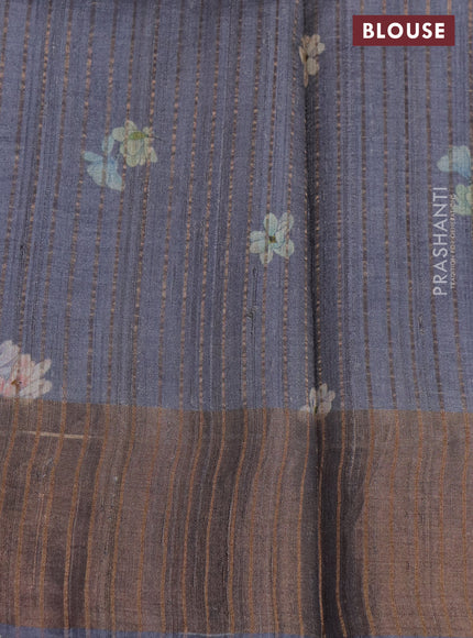 Pure tussar silk saree grey with floral digital prints and zari woven border
