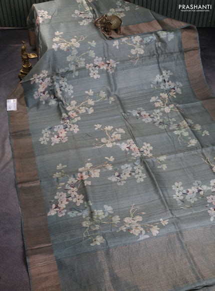 Pure tussar silk saree pastel green with floral digital prints and zari woven border