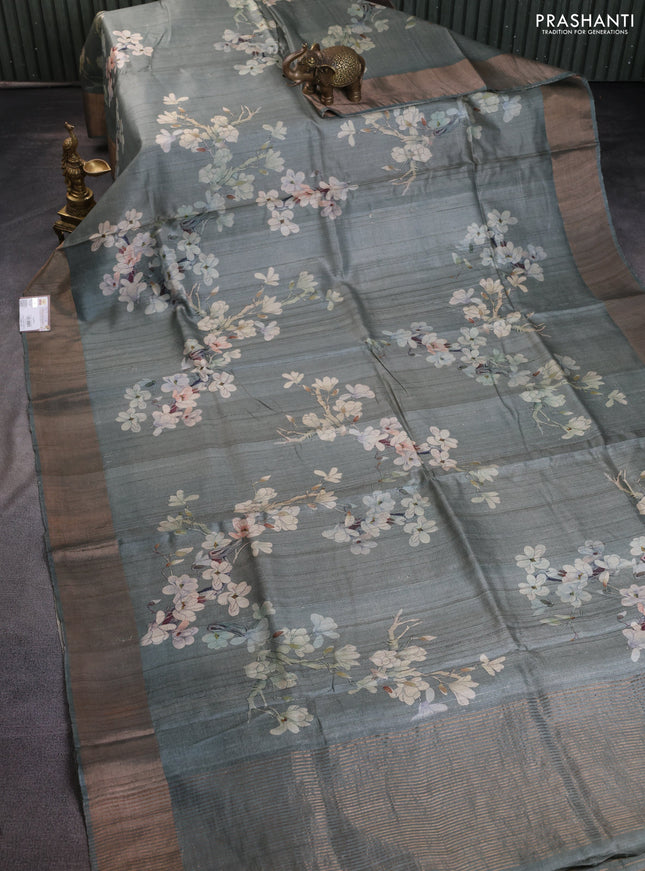 Pure tussar silk saree pastel green with floral digital prints and zari woven border