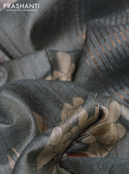 Pure tussar silk saree pastel green with floral digital prints and zari woven border