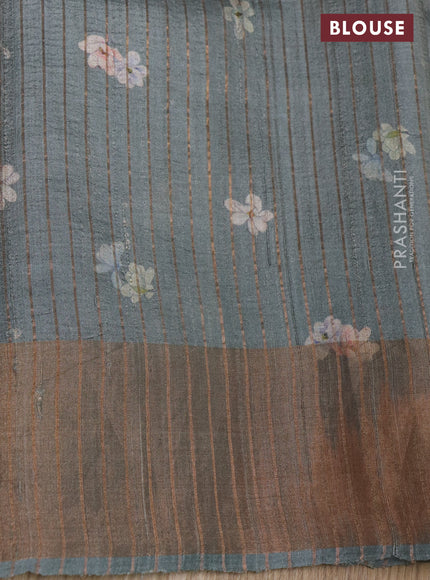 Pure tussar silk saree pastel green with floral digital prints and zari woven border