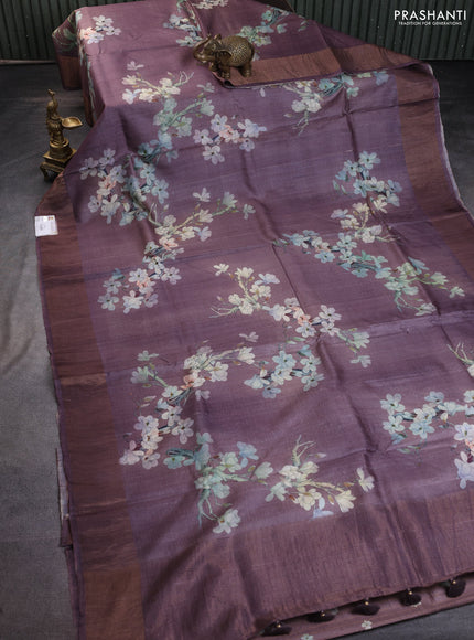 Pure tussar silk saree mild purple shade with floral digital prints and zari woven border