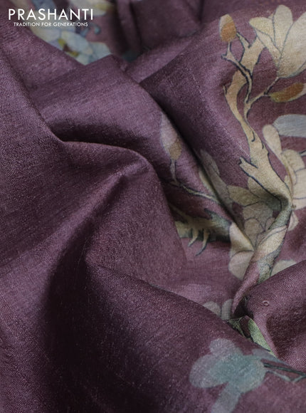 Pure tussar silk saree mild purple shade with floral digital prints and zari woven border