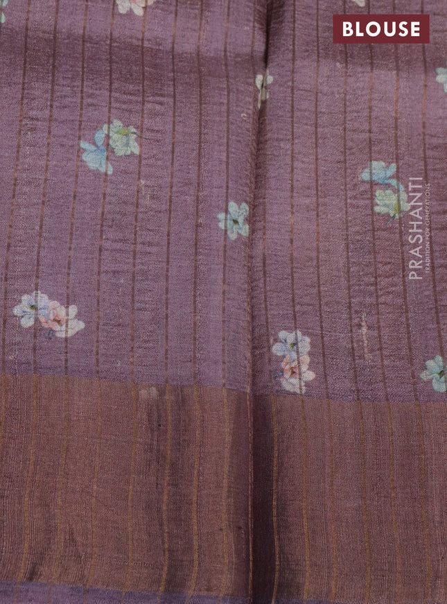 Pure tussar silk saree mild purple shade with floral digital prints and zari woven border