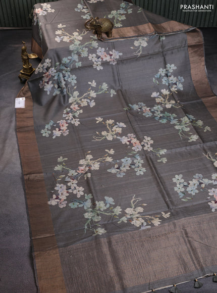 Pure tussar silk saree grey with floral digital prints and zari woven border