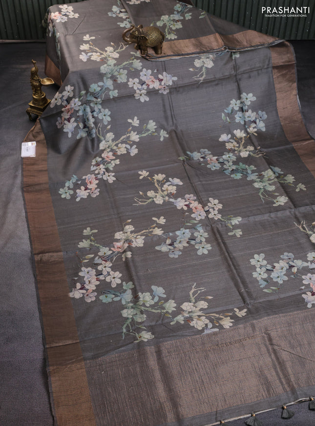 Pure tussar silk saree grey with floral digital prints and zari woven border