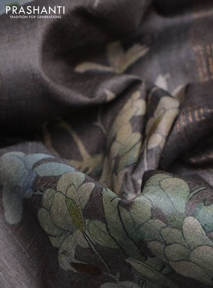 Pure tussar silk saree grey with floral digital prints and zari woven border