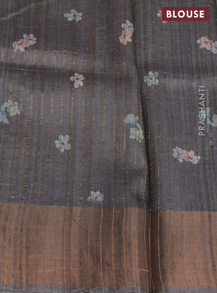 Pure tussar silk saree grey with floral digital prints and zari woven border