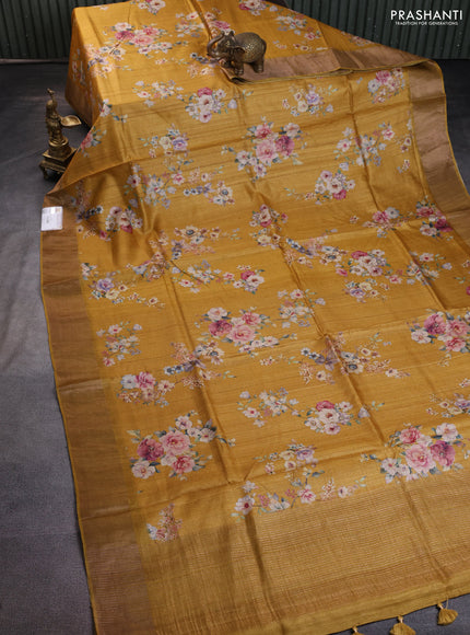 Pure tussar silk saree mustard yellow with floral digital prints and zari woven border