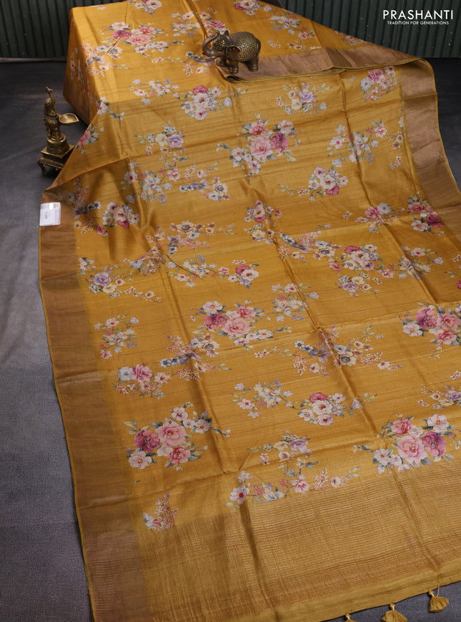Pure tussar silk saree mustard yellow with floral digital prints and zari woven border