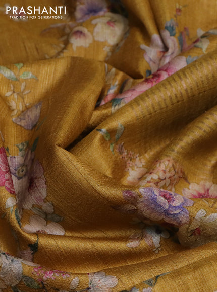 Pure tussar silk saree mustard yellow with floral digital prints and zari woven border