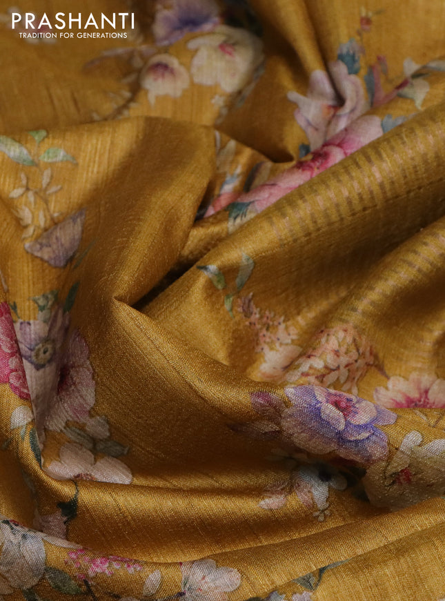 Pure tussar silk saree mustard yellow with floral digital prints and zari woven border