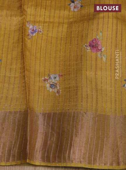 Pure tussar silk saree mustard yellow with floral digital prints and zari woven border