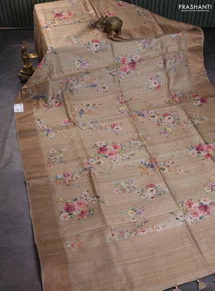 Pure tussar silk saree beige with floral digital prints and zari woven border
