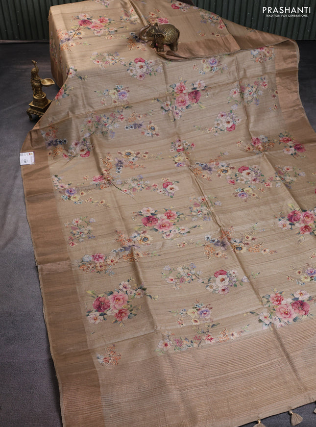 Pure tussar silk saree beige with floral digital prints and zari woven border