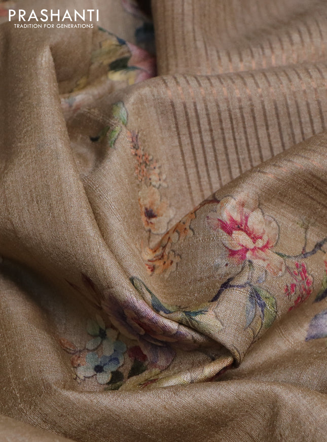 Pure tussar silk saree beige with floral digital prints and zari woven border