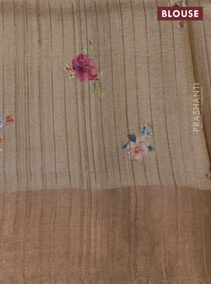Pure tussar silk saree beige with floral digital prints and zari woven border