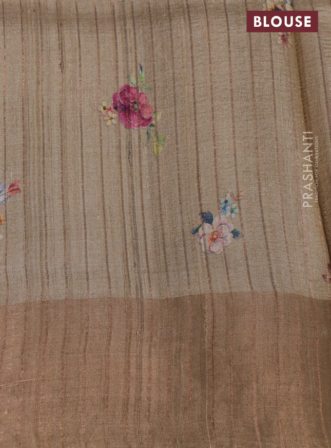 Pure tussar silk saree beige with floral digital prints and zari woven border