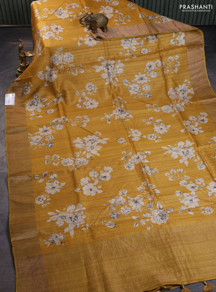 Pure tussar silk saree mustard yellow with floral digital prints and zari woven border