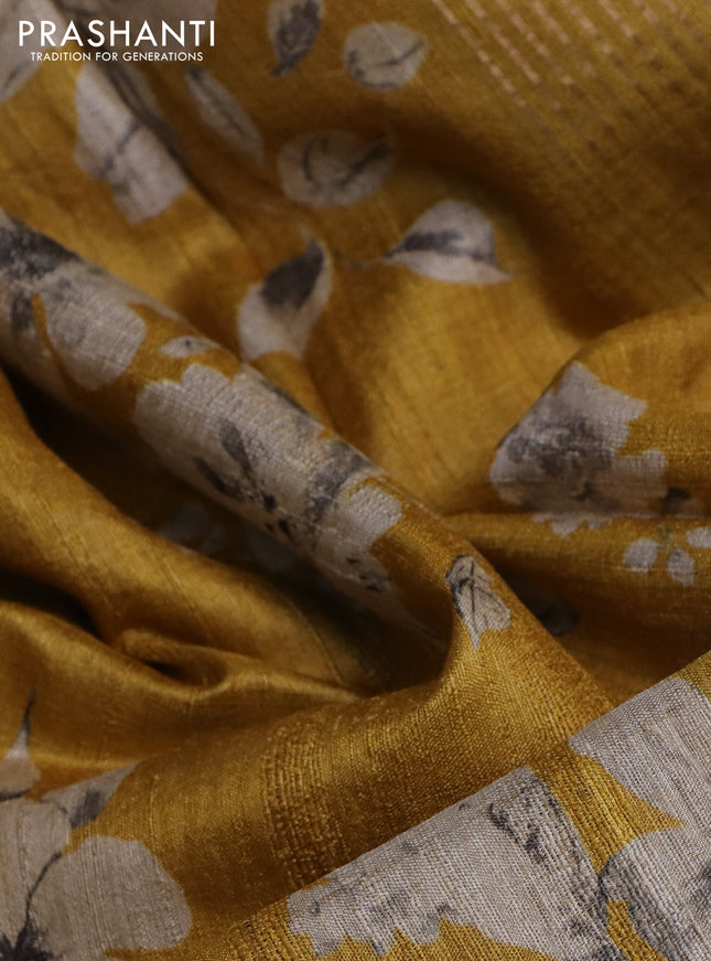 Pure tussar silk saree mustard yellow with floral digital prints and zari woven border