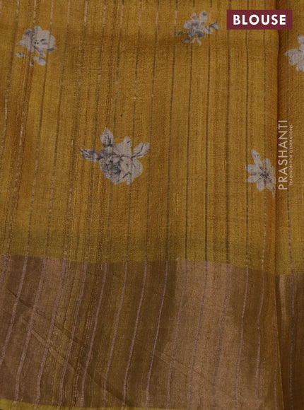 Pure tussar silk saree mustard yellow with floral digital prints and zari woven border