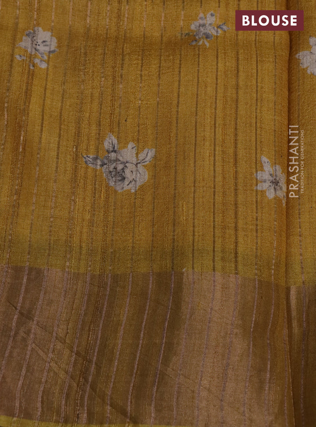 Pure tussar silk saree mustard yellow with floral digital prints and zari woven border
