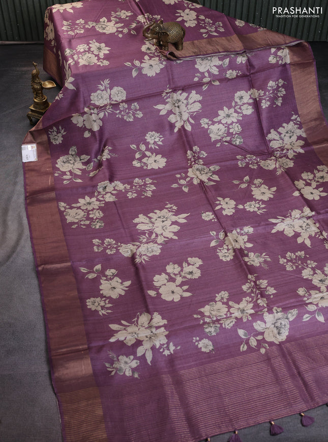 Pure tussar silk saree purple shade with floral digital prints and zari woven border