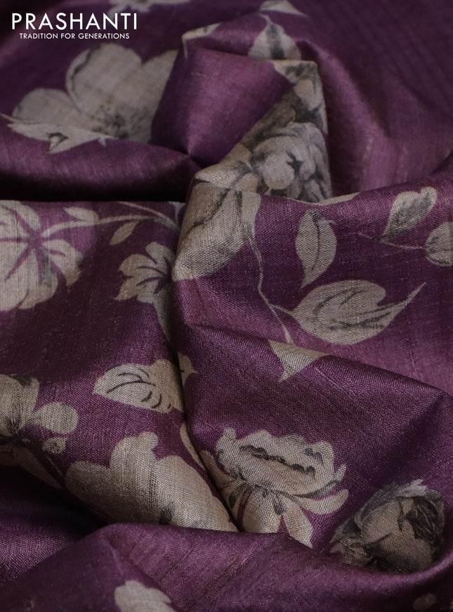 Pure tussar silk saree purple shade with floral digital prints and zari woven border
