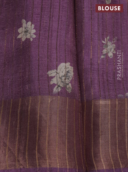 Pure tussar silk saree purple shade with floral digital prints and zari woven border