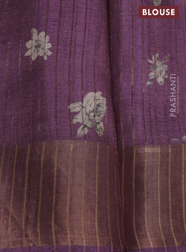 Pure tussar silk saree purple shade with floral digital prints and zari woven border