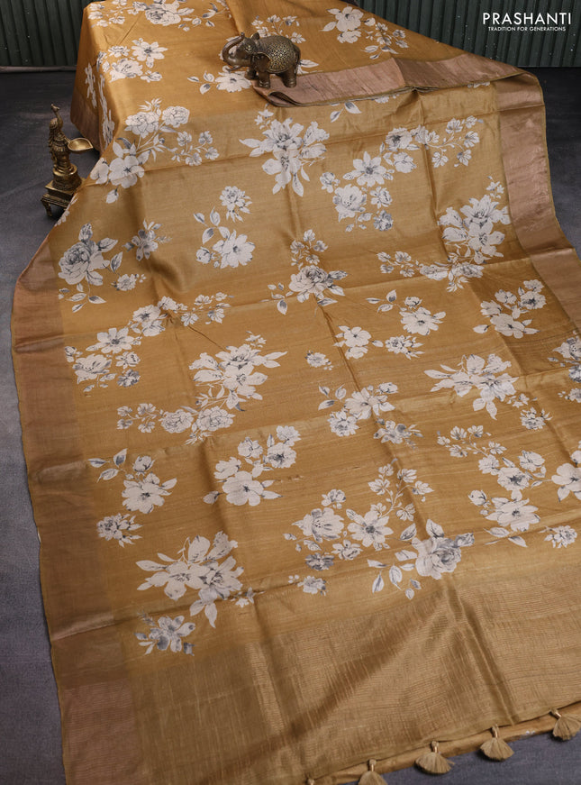 Pure tussar silk saree sandal with floral digital prints and zari woven border