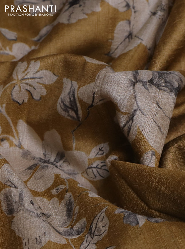 Pure tussar silk saree sandal with floral digital prints and zari woven border